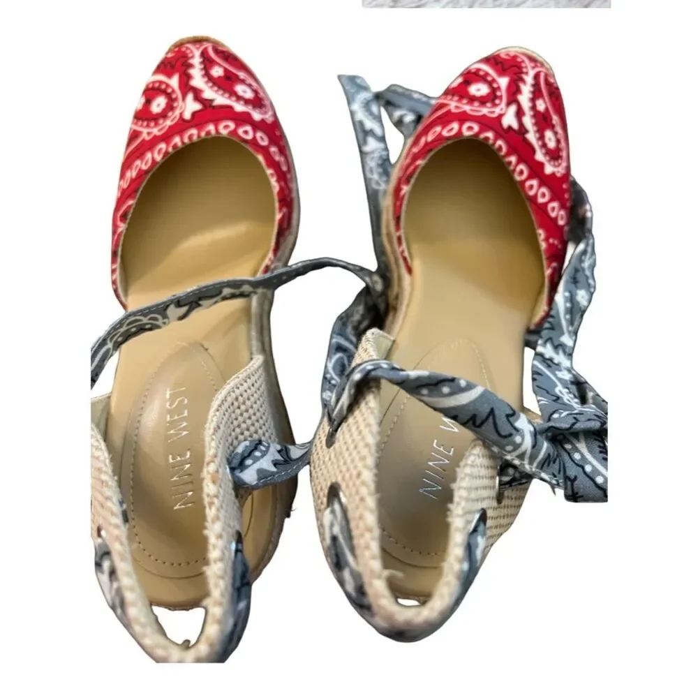 NINE WEST red blue bandana ankle strap wedges size 7.5 M